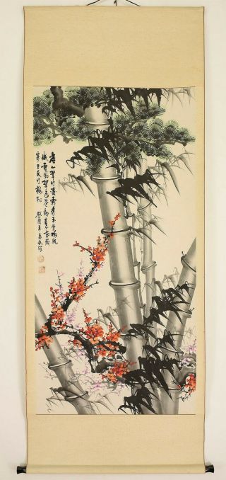 掛軸1967 Chinese Hanging Scroll " Pine,  Bamboo And Ume Tree " @r930