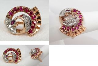 Stunning Antique Art Deco 14k Rose Gold Diamond & Ruby Ring,  9.  8 Grams,  Size 9