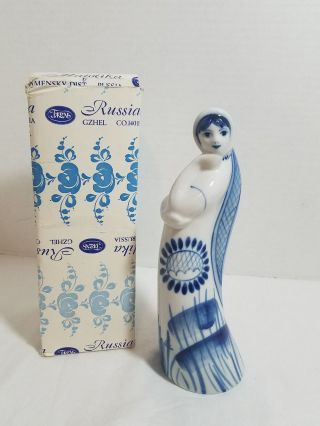 Vintage Russian Gzhel Majolika Porcelain Blue & White Figurine Woman Made Ussr