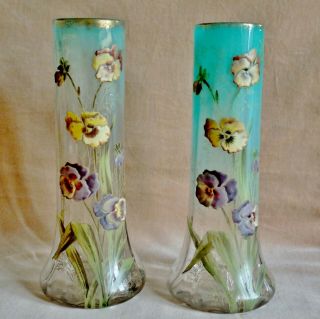 Pair Art Nouveau Enamelled Glass Vases Antique Legras Glass Pansy Vase Mont Joye