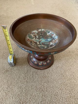 Large Japnese Cloisonne Decorated Bronze Pedestal Bowl W Dragon Designs