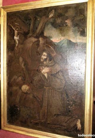 Antique Baroque Oil Painting On Canvas With Frame " S.  Frencis Penitent " 1600 Cir