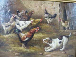Antique 19th C Orig August Laux Oil Canvas Painting Puppy Bossing Chickens Yqz