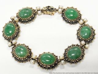 Midcentury 14k Gold 30ctw Fine Green Jade Bracelet Vintage Statement 31.  6gram