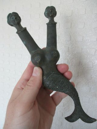 Unusual Chinese Oriental ? Bronze Catapult Slingshot Handle - 2 Headed Mermaid