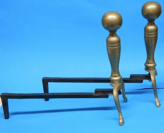 Antique Brass Ball Andirons With Cast Irons Hardware