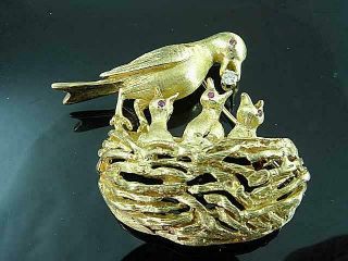 Heavy Solid 14k Gold & Diamond Bird And Nest Brooch Pin All Have Ruby Eyes