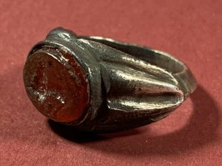 Ancient Roman Silver Ring W/ Carnelian Intaglio Gem Seal Insert Circa 200 - 300ad