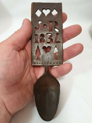 Antique 1834 Welsh Carved Lovespoon Love Spoon JR Initials Folk Art Treen Wood 10