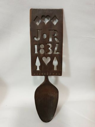 Antique 1834 Welsh Carved Lovespoon Love Spoon Jr Initials Folk Art Treen Wood