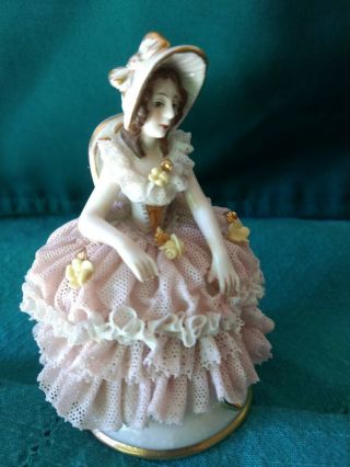 German Dresden Small Lace Figurine Seated Woman