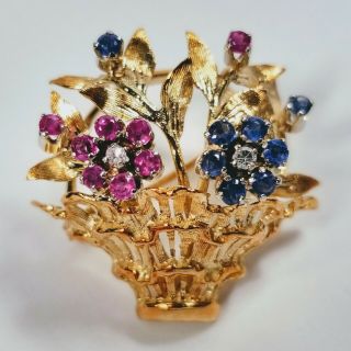Vintage 18k Yellow Gold Floral Bouquet Pin Brooch With Rubies Sapphires Diamonds