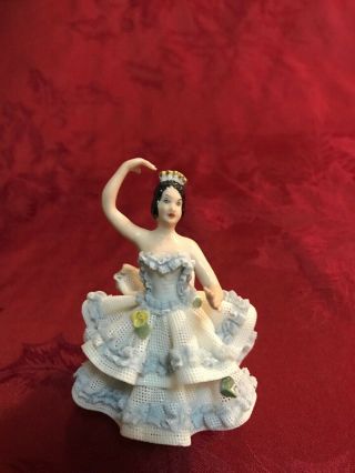 Dresden Sandizell Porcelain Lace Figurine Ballerina Dancer Blue White W/ Tiara