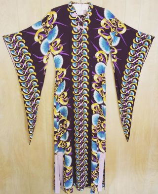 Shaheen Of Honolulu 40s 50s Vtg Pake Muu Dress Hawaiian Cold Rayon Purple Blue S