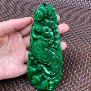 Rare Handwork Green Jadeite Jade Chinese Sea Horse & C0ins Collectible Pendant