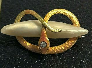 Antique Krementz 14k Gold Pearl Diamond Enamel Snake Brooch Pin - Art Nouveau