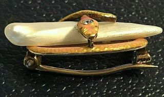 Antique Krementz 14k Gold Pearl Diamond Enamel Snake Brooch Pin - Art Nouveau 2
