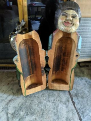 Vintage Hand Carved And Painted Wooden Man On Barrel Whiskey/wine Bottle Holder