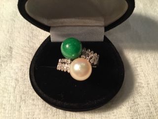 Platinum Art Deco Ring Apple Green Jadeite Pearl.  7ct Diamonds $7600 By Trio