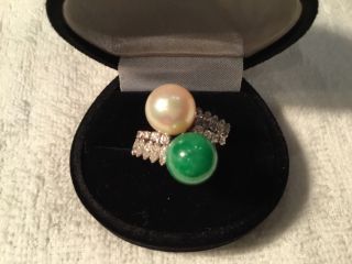 Platinum Art Deco ring apple green jadeite pearl.  7ct diamonds $7600 by Trio 2
