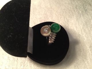 Platinum Art Deco ring apple green jadeite pearl.  7ct diamonds $7600 by Trio 3
