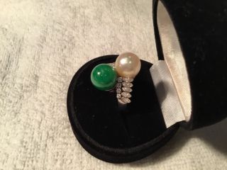 Platinum Art Deco ring apple green jadeite pearl.  7ct diamonds $7600 by Trio 4