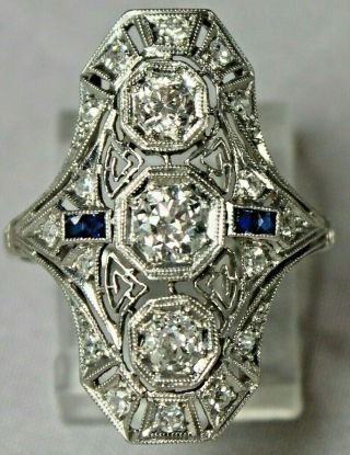 Antique Edwardian Platinum 1ct Diamonds Dinner Ring W Sapphires