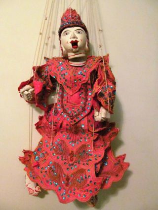 Vintage Burmese Carved Wood Marionette String Puppet Hand Painted Open Mouth