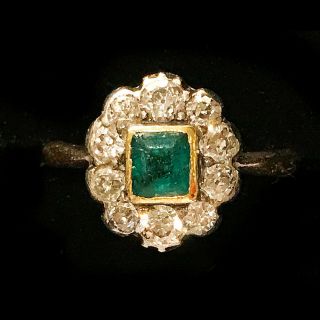 Art Deco 18ct,  18k,  750 Gold Emerald & Diamond Cluster Engagement Ring