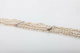 Antique 1920s 14k White Gold.  50ct Old Diamond Cultured Pearl 5 Strand Bracelet