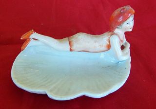 Antique German Bathing Beauty Sea Shell Porcelain Figurine Made In Germany