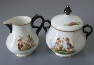 Antique French Porcelain SUGAR,  CREAMER Children SEASONS Scenery OLD PARIS 3