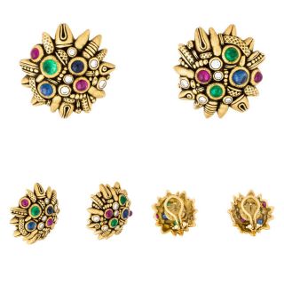 Alex Sepkus 1.  29ct T.  W.  Emerald Sapphire Ruby Cabochon 18k Yellow Gold Earrings