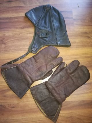 Vintage Wwii Germany Luftwaffe Machine Gunner Leather Gloves Gauntlets & Helmet