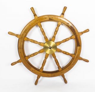 Antique Large Brass Set Eight Spoke Mahogany Ships Wheel,  19th Century