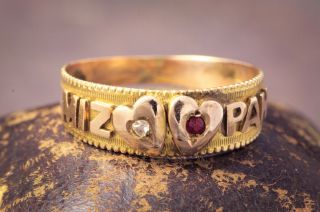Antique Victorian English 9k Gold Diamond Ruby Mizpah Sweetheart Ring C1898