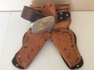 Child’s Vintage Cowboy Tooled Leather Western Double Holster Gun Belt