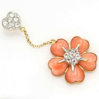 Vintage 14k Yellow Gold Red Coral & White Sapphire Flower Heart Pendant 2.  9 Gr