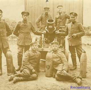 Port.  Photo: Rare Pic German Troops Posed W/ Large Shells & Minenwerfer Launcher