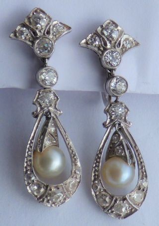 Antique Art Deco 14k White Gold Diamond & Pearl Screw Back Earrings