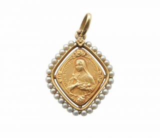 Antique French 18k Yellow Gold Saint Teresa Pearl Medallion Pendant