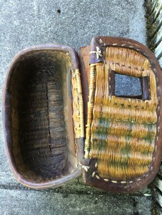 Antique McMonies Fishing Creel Willow & Tooled Leather Made In Portland Oregon 12