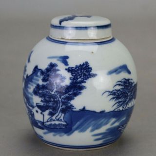 China Old Hand - Carved Porcelain Blue And White Landscape Pattern Tea Caddy C01