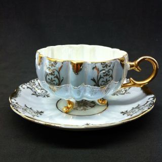 Vintage Lm Royal Halsey Very Fine Footed Cup & Saucer Blueish Silver Gold Lb - 3