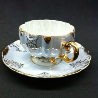 Vintage LM Royal Halsey Very Fine Footed Cup & Saucer Blueish Silver Gold LB - 3 8