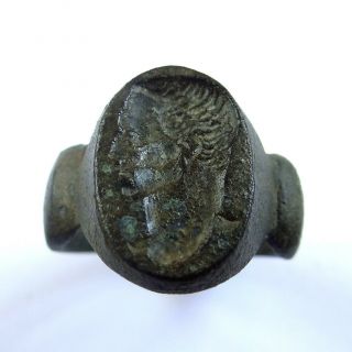 Roman Ancient Artifact Bronze Caesar Ring With Roman Emperor Caesar