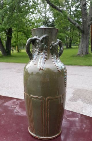 Chinese Vase Carved Vine Handles Marked On Bottom Republic Period