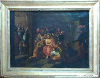 Antique Baroque Oil Painting On Canvas With Frame " Religious Scene " 1600 Circa