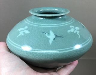 Celadon Vase Asian Chinese Japanese Crackle Stork? Bird Green Vintage?