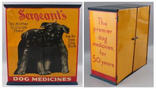 Antique Sergeants Dog Medicine Tin - Litho Display Case,  German Shepherd Puppies